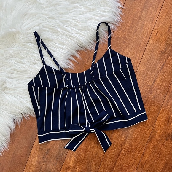 Nautical Navy/White Striped Spaghetti Strap Tie Back Crop Top - Picture 5 of 10